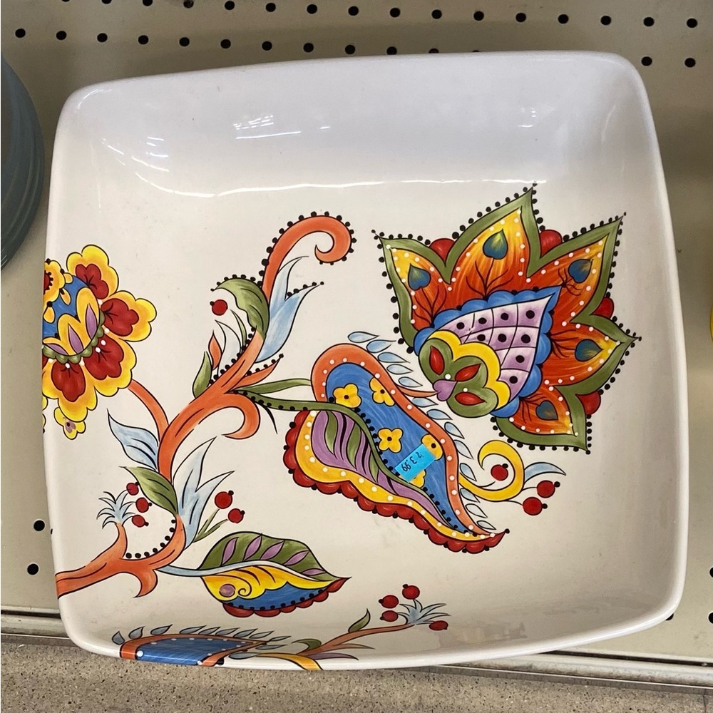 Desiree by Tabletops Unlimited Square Pasta Serving Bowl Floral Dots Scrolls